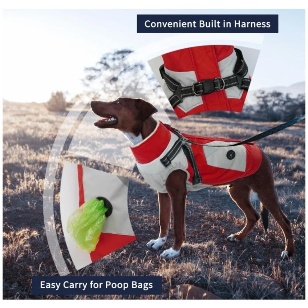 IECOii Dog Sz Large Winter Coat wHarness Built in Waterproof Red Reflective NWT